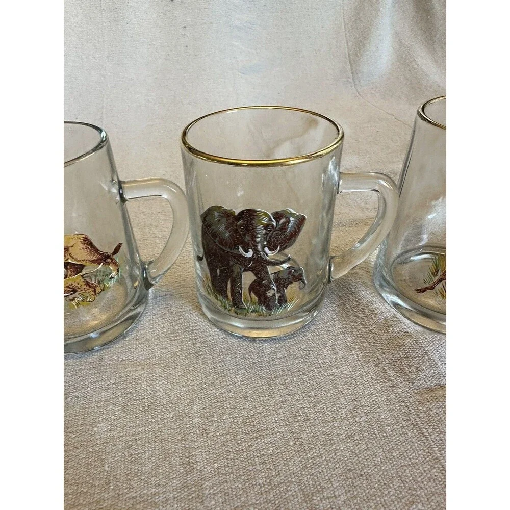 Beer Cocktail Mug Stein Glass Antelope, 2 Elephant and Lion, w/babies set of 4